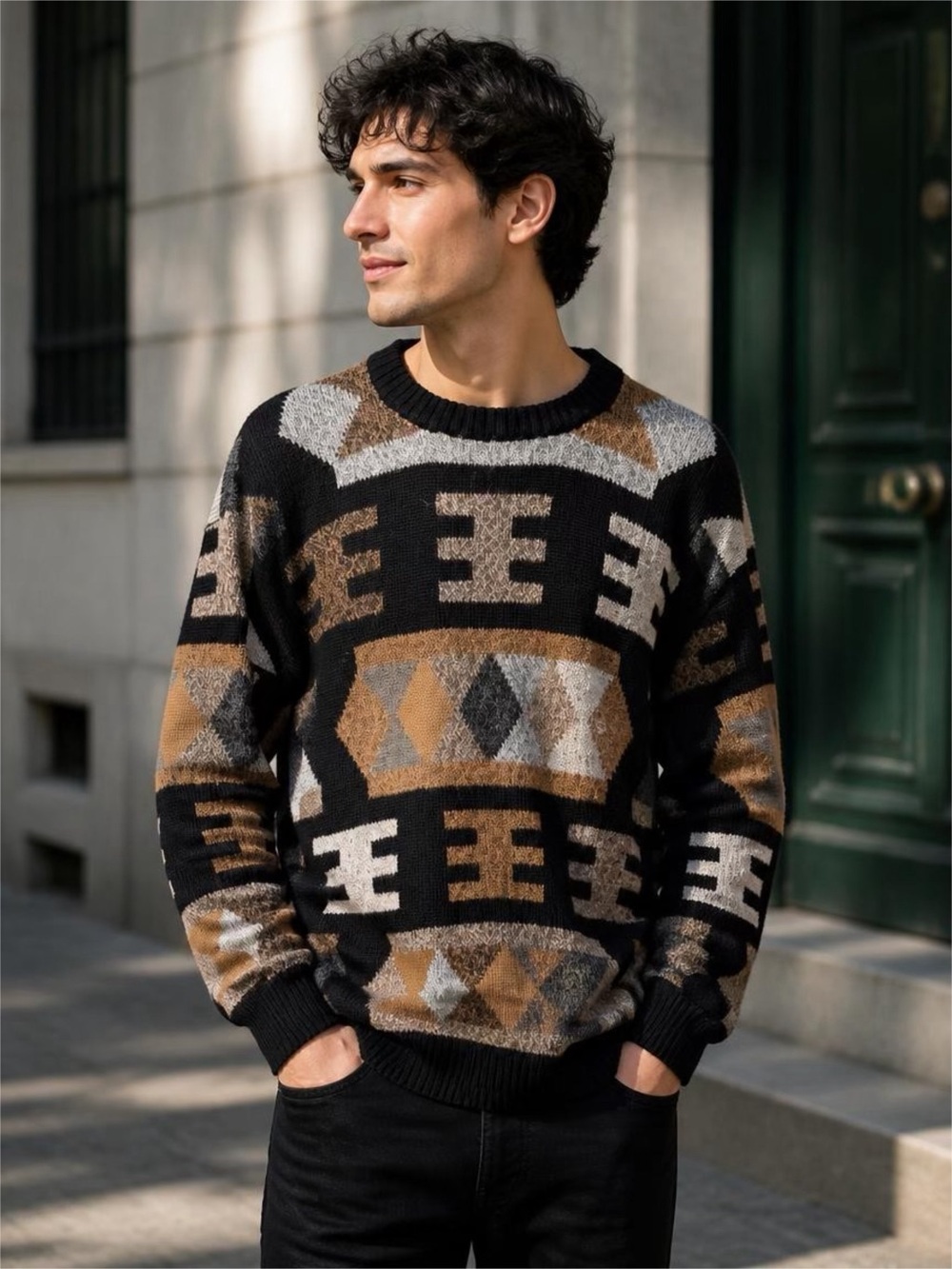 Alpaca Leo Peressi Men's Geometric Crewneck Sweater in Black, Brown & Gray Sz L